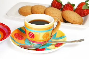 Image showing Coffee , biscuits and strawberries