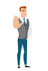 Image showing Caucasian business man showing palm hand.