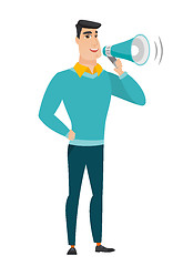 Image showing Caucasian businessman talking into loudspeaker.