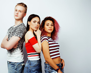 Image showing company of hipster guys, blonde boy and girls students having fun together friends, diverse fashion style and races, lifestyle people concept isolated on white background 