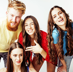 Image showing company of hipster guys, bearded red hair boy and girls students having fun together friends, diverse fashion style, lifestyle people concept isolated on white background