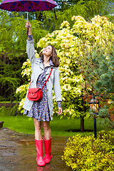 Image showing fashion. Beautiful woman with umbrella in the rain