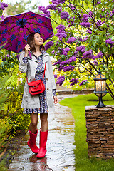 Image showing Beautiful woman with an umbrella on a rainy day