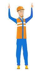 Image showing Caucasian builder standing with raised arms up.