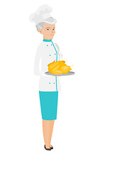 Image showing Senior caucasian chef holding roasted chicken.