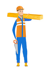 Image showing Caucasian carpenter holding saw and wooden board.