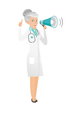 Image showing Senior caucasian doctor talking into loudspeaker.