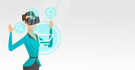 Image showing Woman in virtual reality headset shopping online.