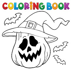 Image showing Coloring book pumpkin in witch hat