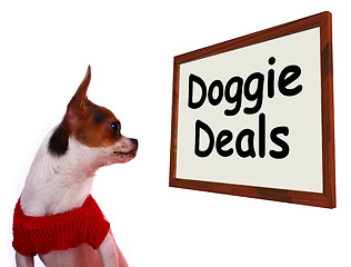 Image showing Doggie Deals Sign Showing Dog Bargains Deals And Clearance