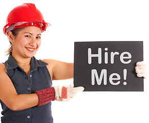 Image showing Hire Me Sign With Construction Worker Showing Careers