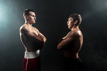 Image showing Two professional boxer standing on black smoky background,