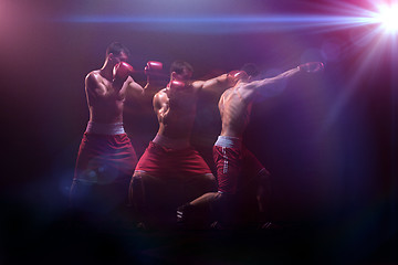 Image showing The boxer boxing in a dark studio