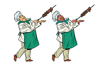 Image showing African and Caucasian chef with a shish kebab