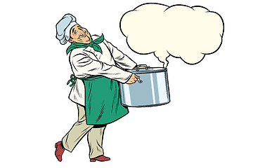 Image showing Italian or French chef holding a hot pot, cloud of steam