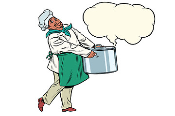 Image showing African chef holding a hot pot, cloud of steam