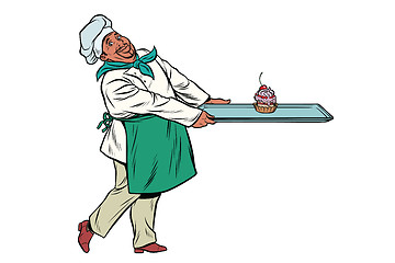 Image showing African Chef cook brings a tray of dessert cupcake