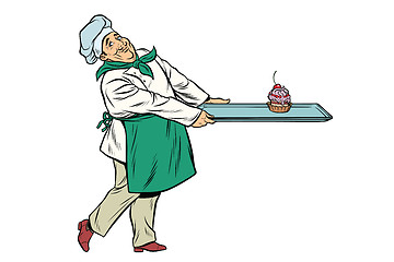 Image showing Chef cook brings a tray of dessert cupcake