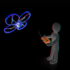 Image showing 3d man with drone, quadrocopter, with photo camera. 3d render. 3