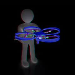 Image showing 3d man with drone, quadrocopter, with photo camera. 3d render. 3