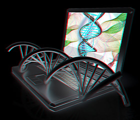 Image showing Laptop with dna medical model background on laptop screen. 3d il