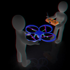 Image showing 3d man with drone, quadrocopter, with photo camera. 3d render. 3