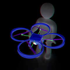 Image showing 3d man with drone, quadrocopter, with photo camera. 3d render. 3