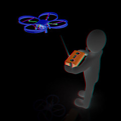 Image showing 3d man with drone, quadrocopter, with photo camera. 3d render. 3