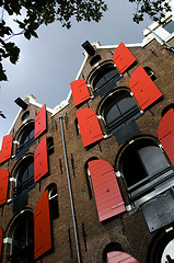 Image showing leaning houses with hoist lifts amsterdam
