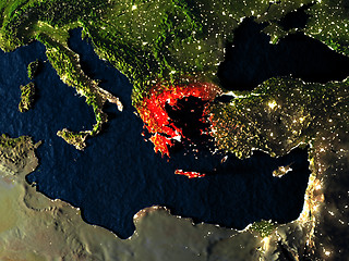 Image showing Greece in red from space at night