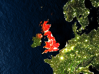 Image showing United Kingdom in red from space at night
