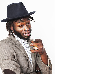 Image showing young handsome afro american boy in stylish hipster hat gesturin