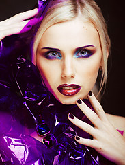 Image showing beauty woman with creative make up, many fingers on face close u