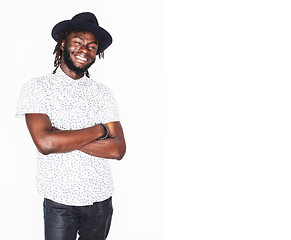 Image showing young handsome afro american boy in stylish hipster hat gesturin