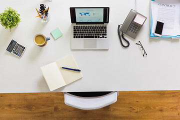 Image showing laptop, phone and other office stuff on table