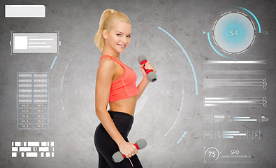 Image showing young sporty woman with light dumbbells