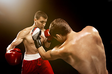 Image showing Two professional boxer boxing on black background,