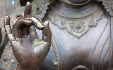 Image showing Detail of Buddha statue with Karana mudra hand position