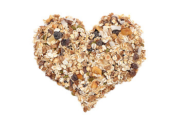 Image showing Muesli cereal grains, seeds, fruit and nut heart