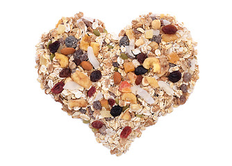 Image showing Muesli cereal, seeds, mixed fruit and nuts heart