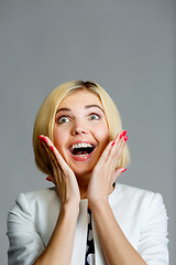 Image showing Smiling woman on gray background