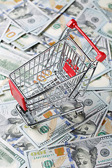 Image showing Empty trolley standing on heap of dollars