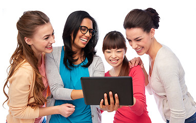 Image showing international group of happy women with tablet pc