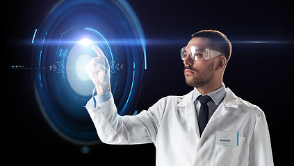 Image showing scientist in goggles with virtual projection