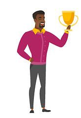 Image showing African-american business man holding a trophy.