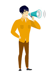 Image showing Asian businessman talking into loudspeaker.