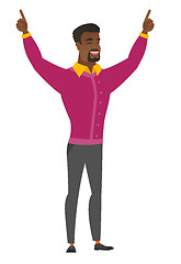 Image showing Businessman standing with raised arms up.