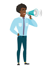 Image showing Caucasian businessman talking into loudspeaker.