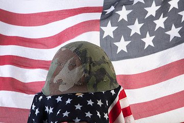 Image showing Old Army Helmet And Flag