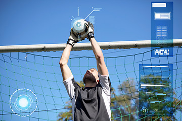 Image showing goalkeeper with ball at football goal on field